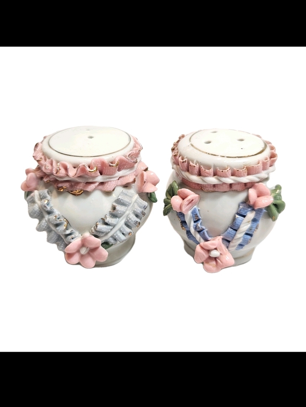 Vintage Porcelain Rose Garden Salt and Pepper Shakers Pink Blue Floral Victorian